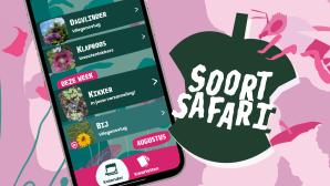 Een logo van een appel en de tekst SoortSafari in zomerse kleuren. Er is een telefoon met een kalender vol met dier- en plantensoorten.